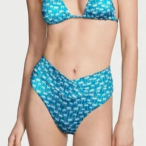 Victoria's Secret NWT Bikini Swim Bottoms-Blue White Palms Size Extra Small (XS)